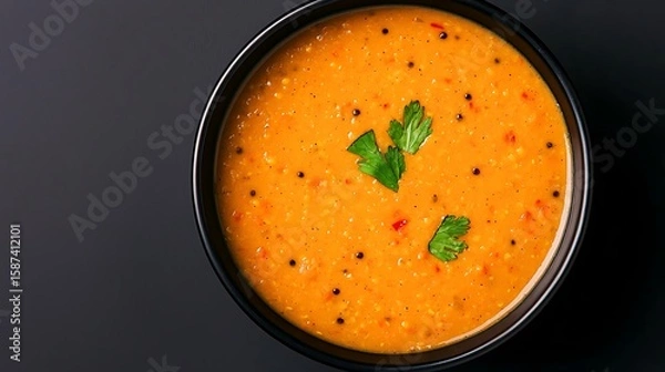 Fototapeta A delicious bowl of indian dal soup garnished with fresh parsley
