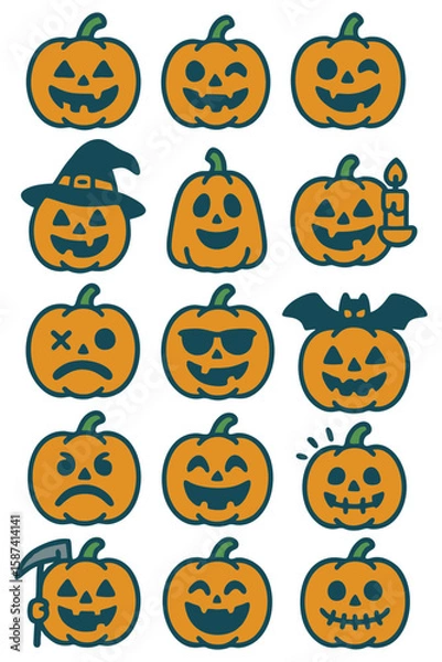 Fototapeta A collection of cheerful and spooky cartoon pumpkins, each with unique Halloween expressions and accessories.