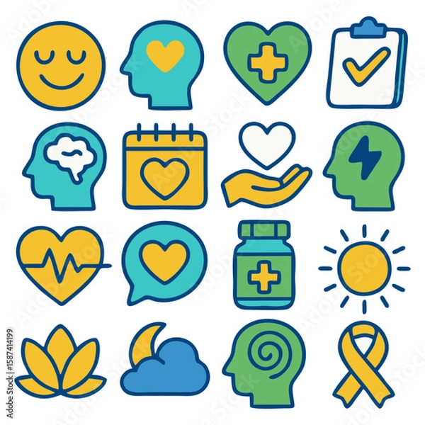 Fototapeta Collection of colorful, simple icons representing health, well-being, and positive emotions.