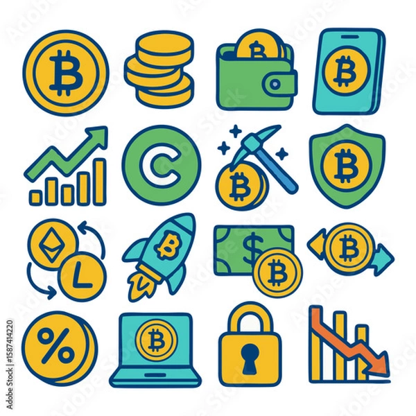 Fototapeta Colorful vector illustration featuring various cryptocurrency icons and symbols, representing digital finance.