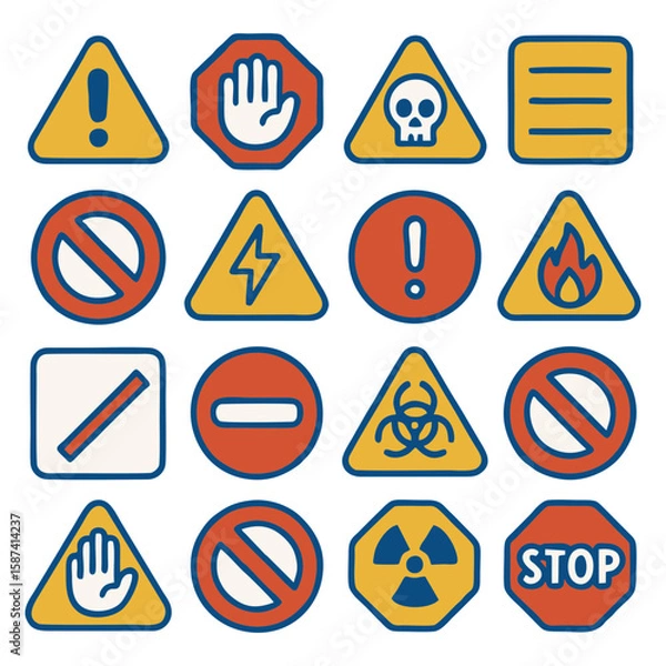 Fototapeta Collection of sixteen different hazard warning signs, each with a unique symbol, in a grid pattern.
