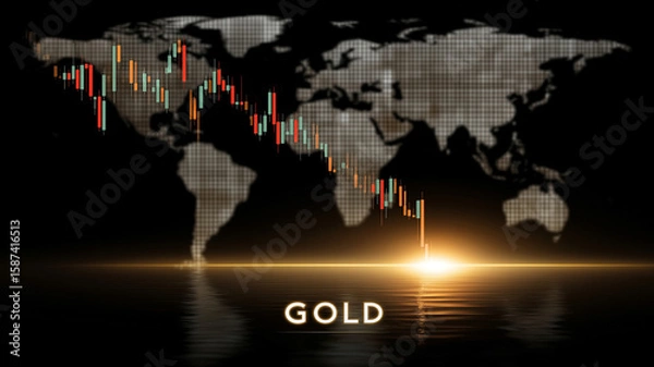 Fototapeta A global financial chart showing falling gold prices, with a world map and a glowing light reflecting on the dark surface.