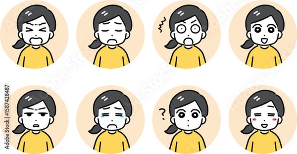 Obraz 若い女性のいろんな表情の丸いアイコンのセット(上半身)