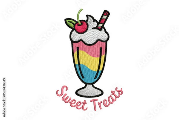 Fototapeta Pink yellow blue layered milkshake with cherry and straw