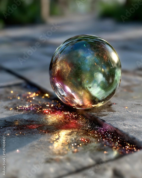 Fototapeta Playful Summer Magic: Bubble with Colorful Light Reflections in Whimsical Garden Capturing Nature's Beauty and Imagination Wonder