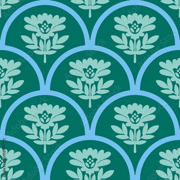 Fototapeta Seamless floral scallop pattern with stylised folk art blooms framed by graceful arch shapes. A deep teal background pairs with soft aqua turquoise motifs, creating a fresh Scandinavian vibe
