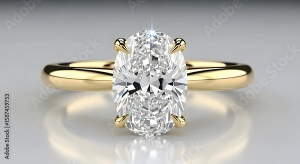 Fototapeta A close-up studio shot of a gold ring featuring a large, oval-cut diamond solitaire, set against a neutral background.