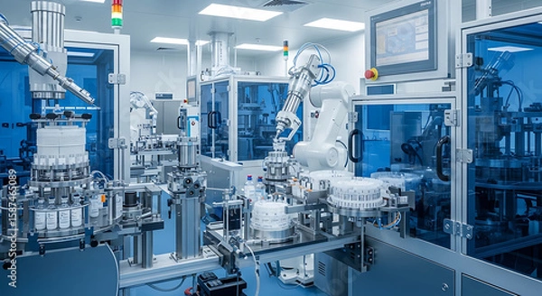 Fototapeta Automated robotic arm processes vials of liquid inside a clean pharmaceutical manufacturing facility