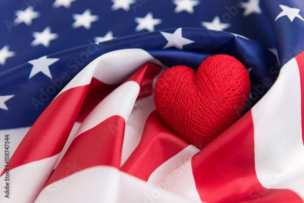 Fototapeta Heart shape on US flag, Independence Day or 4th of July.