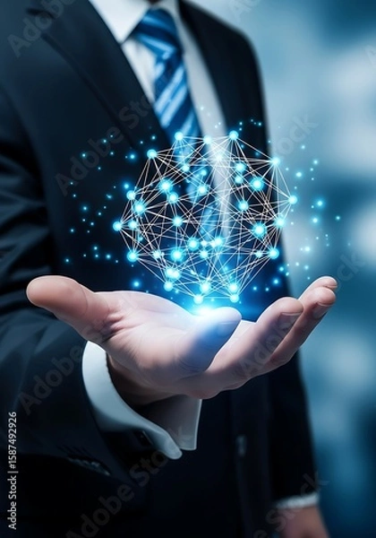 Fototapeta Man holding glowing network structure hand
