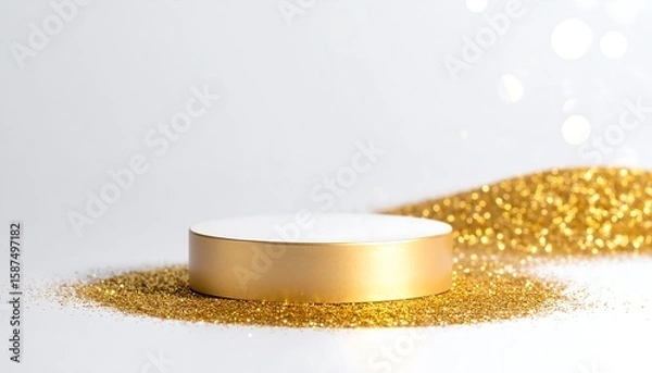 Obraz Golden glitter texture flowing on white background with a soft glowing light,