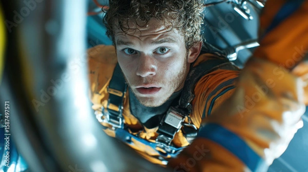 Obraz Close-up of a man with a broad face, light skin, and short curly hair, dressed in a plumber's outfit, looking focused while working on pipes. 
