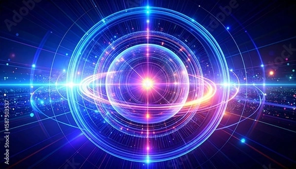 Fototapeta Abstract visualization of quantum computing with a glowing qubit. Futuristic physics and high-performance computing background