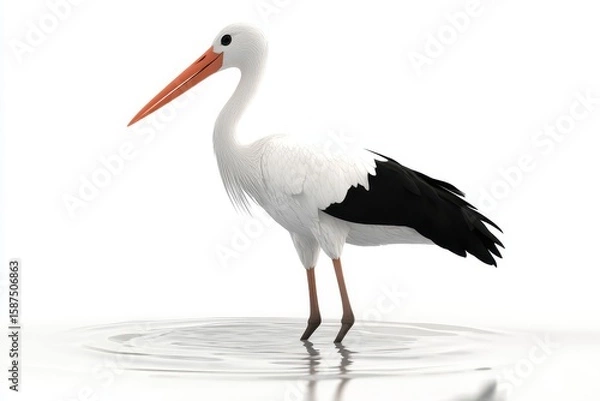 Obraz Stork wading in water 3d render cartoon character on white background