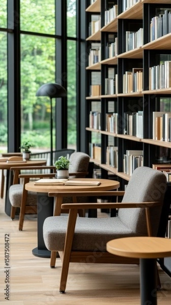 Fototapeta Cozy reading spaces in a modern library with expansive bookshelves and natural light