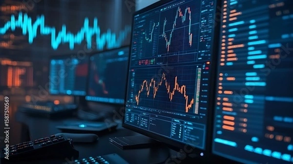 Fototapeta A high-tech trading desk filled with crypto graphs 