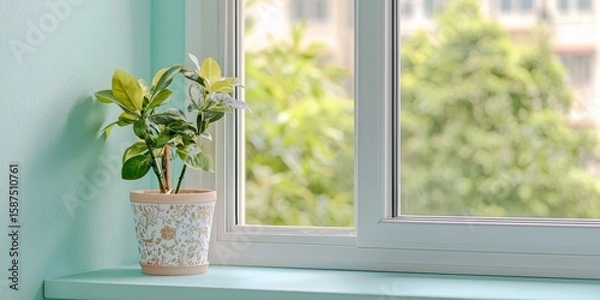 Fototapeta Innovative smart window technology featuring self-tinting glass in a light blue environment with a green view
