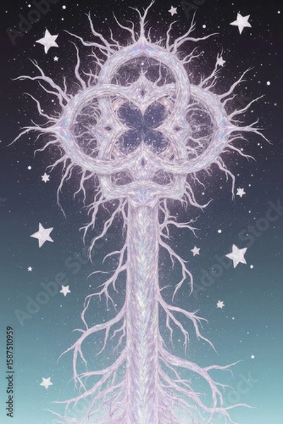 Fototapeta Generative AI Celestial Tree of Life Illustration Celtic knot Stars Sky Branches Fantasy Iridescent Spiritual Artwork Digital art Background Texture Pattern Design Magic - Unique Design