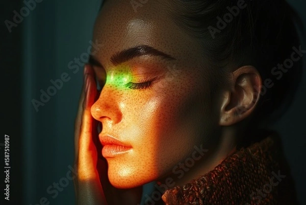 Fototapeta A softly illuminating green light on a figure's face debilitating migraine experience in a tranquil environment