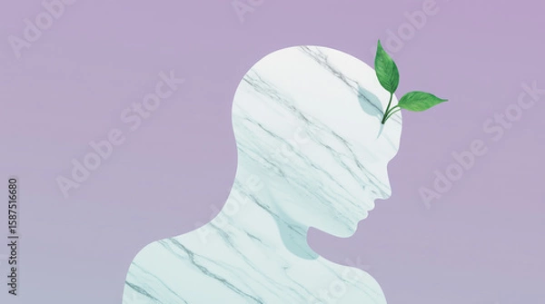 Fototapeta Generative AI Marble Head with Leaf Sprout Silhouette Green Purple Minimal Abstract Texture Stone Profile Growth Nature Plant Ideas Innovation Wellness Mindfulness - Modern Look