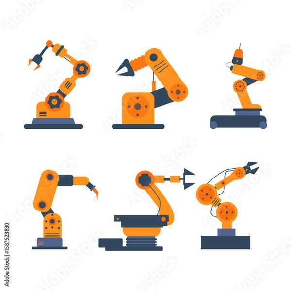 Fototapeta Flat vector set of industrial robotic arms in various positions and functions. Perfect for automation, factory, and manufacturing industry concepts. Clean, modern style suitable for infographics, web,