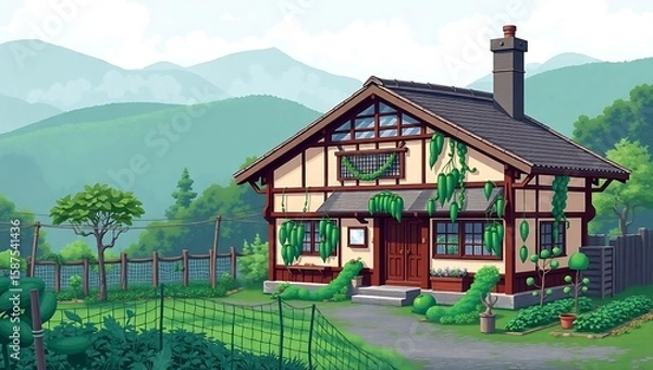Fototapeta 8-bit Japanese farmhouse with attached vegetable garden, featuring pixel-style cucumbers climbing netting, misty green hills behind