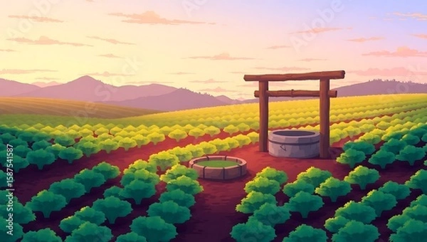 Fototapeta 8-bit Japanese farming landscape with an open well, leafy vegetables planted in perfect symmetry, with soft twilight colors in the sky