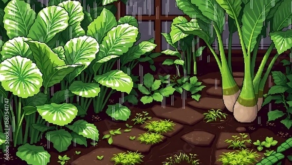 Fototapeta 8-bit Japanese homestead garden after rainfall, shiny wet leaves of bok choy and taro plants, pixel puddles scattered around the garden path