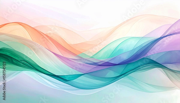 Fototapeta Serene abstract composition featuring fluid layers of translucent pastel waves. Soft gradients in aqua, peach, lavender, and teal evoke a sense of calm movement and visual harmony