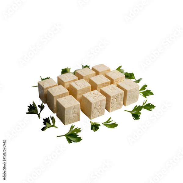 Fototapeta Cubes of Firm Tofu on Parsley Garnish