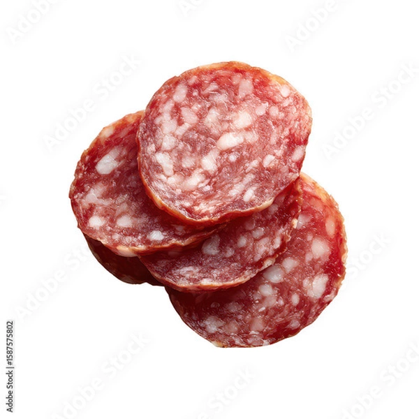 Fototapeta Sliced salami stacked on top of each other, isolated on a white background for clean presentation.
