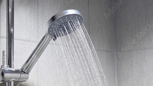 Obraz Running shower head in tiled bathroom wall.