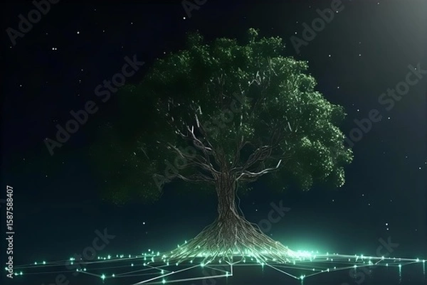 Obraz Digital Tree of Life: Glowing Roots, Networked Connections, Symbolic Growth, Spiritual Art, Nature & Technology Fusion, Dark Background
