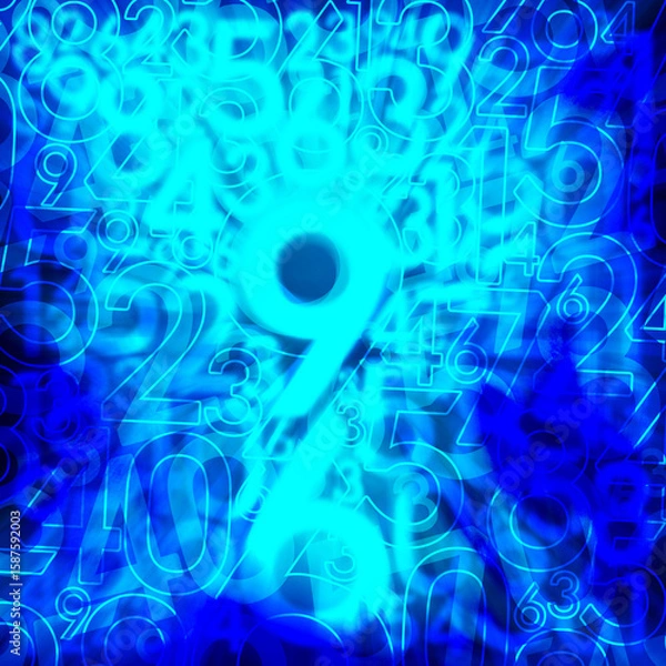 Fototapeta blue numbers in various sizes overlaid on gradient blue number background, maths, business, decor, copy space