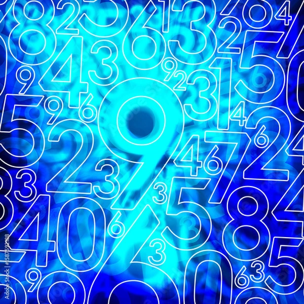 Fototapeta White numbers in various sizes overlaid on gradient blue number background, maths, business, decor, copy space