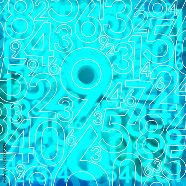 Fototapeta white numbers in various sizes overlaid on blur gradient blue and green number background, maths, business, decor, copy space
