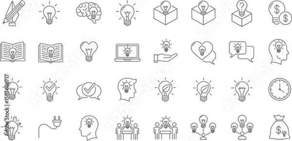Fototapeta Vector art of a collection of line art icons representing ideas, innovation, and creative thinking isolated on white background