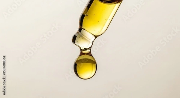 Fototapeta Close-up of a glass dropper with a viscous, golden liquid about to drip against a neutral background.