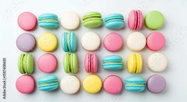Fototapeta Colorful macarons arranged in a grid pattern on a white background.