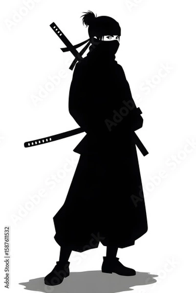 Fototapeta A vector silhouette of a warrior person with a sword or rifle and a woman soldier with a weapon