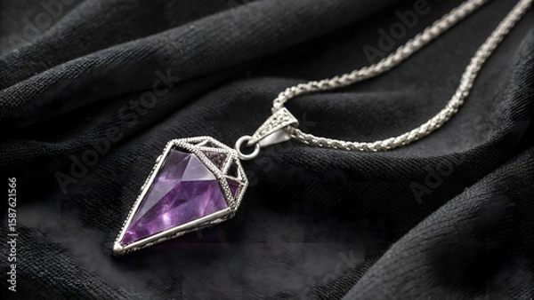 Fototapeta Amethyst Arrowhead Necklace on Black Fabric a Study in Contrasting Texture and Color Delicate Jewel