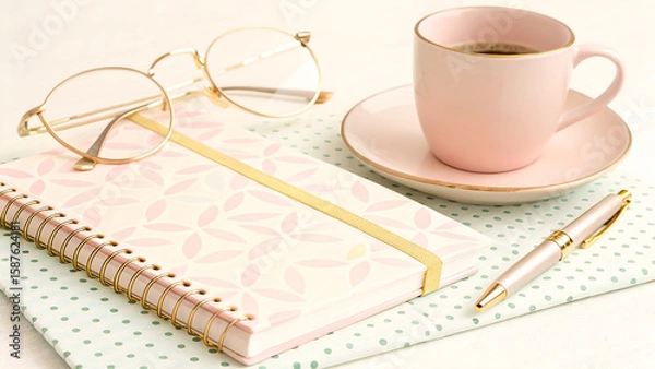 Fototapeta Desk Still Life with Coffee, Glasses, and Notebook, a Study in Delicate Pinks and Soft Gold Accents