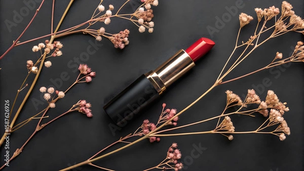 Fototapeta Elegant Red Lipstick Display with Dried Flowers on a Dark Background, a Touch of Glamour with Natural Elements