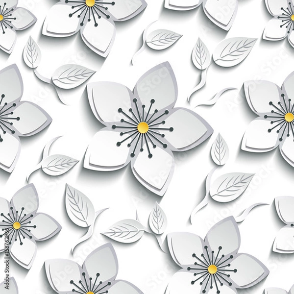 Fototapeta Seamless pattern with white, grey 3d sakura