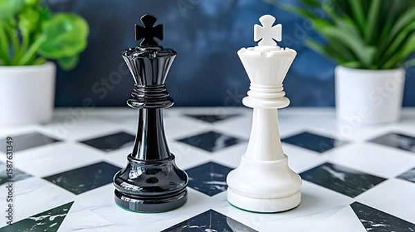 Obraz black chess king lying on chess board with white pawn upright next to it
