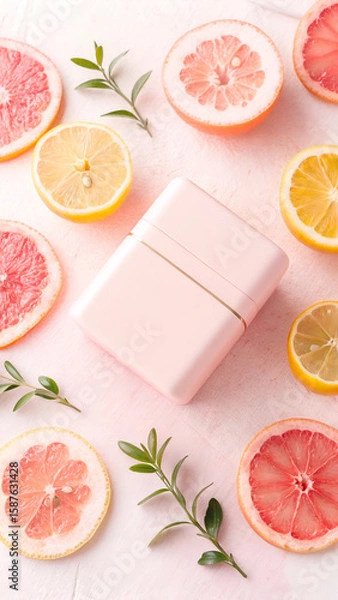 Fototapeta Minimalist Pink Product Display Amidst Citrus Slices and Green Sprigs for a Refreshing Aesthetic