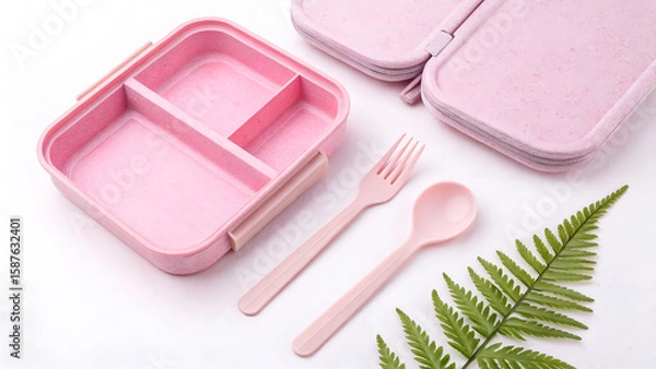 Fototapeta Pastel Pink Lunchbox Set with Utensils and Case for Food Storage and Organization on White Backdrop