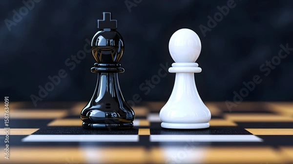 Obraz black chess king lying on chess board with white pawn upright next to it