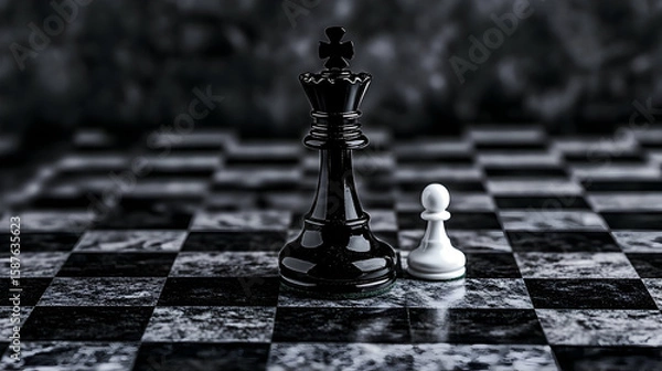 Obraz black chess king lying on chess board with white pawn upright next to it