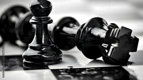 Obraz black chess king lying on chess board with white pawn upright next to it